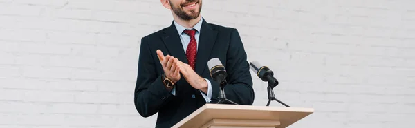 Panoramic Shot Happy Bearded Speaker Applauding Microphones — Stock Photo, Image