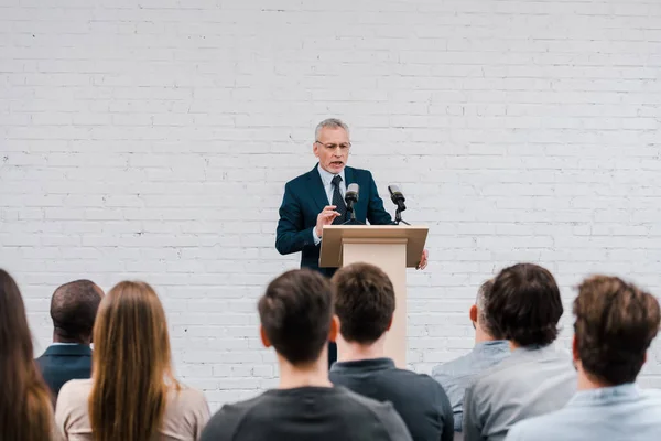 Back View Journalists Bearded Speaker Talking Microphones — Stock Photo, Image