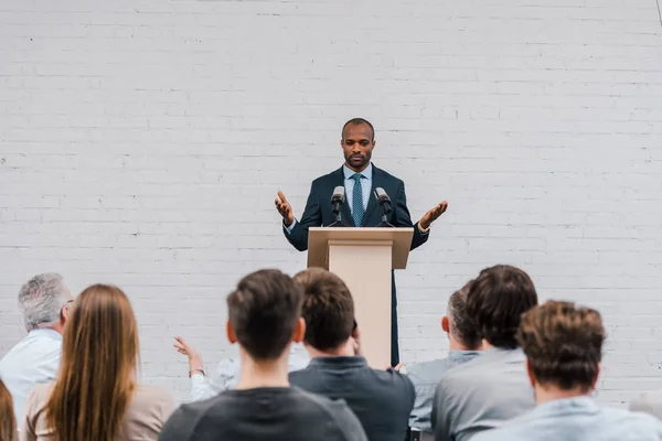 Back View Journalists Handsome African American Speaker Talking Microphones — 스톡 사진