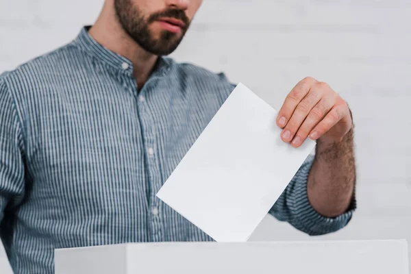 Cropped View Voter Putting Blank Ballot Voting Box — 스톡 사진