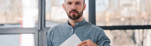 Panoramic Shot Handsome Voter Holding Blank Ballot Looking Camera — Stock Photo, Image
