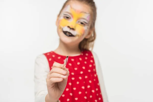 Selective Focus Adorable Kid Tiger Muzzle Painting Face Pointing Paintbrush — Stock Photo, Image