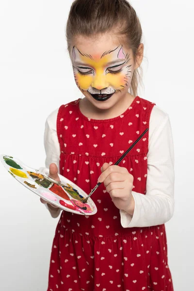 可爱的孩子 脸上挂着虎口画 手里拿着调色板 画笔与白色隔绝 — 图库照片