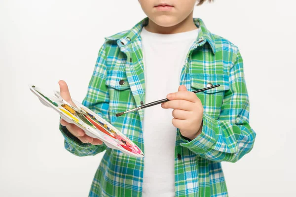 Cropped View Boy Checkered Shirt Holding Palette Paintbrush Isolated White — Stock Photo, Image