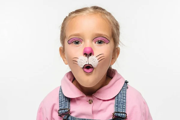 Cute Kid Cat Muzzle Painting Face Meowing While Looking Camera — 스톡 사진