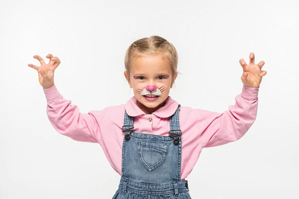 Cute Child Cat Muzzle Painting Face Showing Frightening Gesture While — Stock Photo, Image