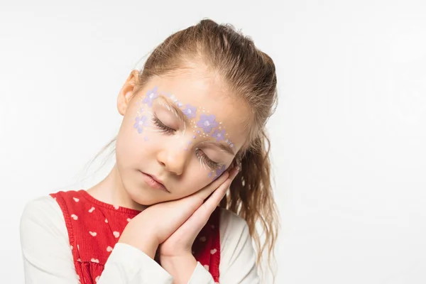 Sleepy Child Floral Painting Face Standing Closed Eyes Isolated White — Stock Photo, Image