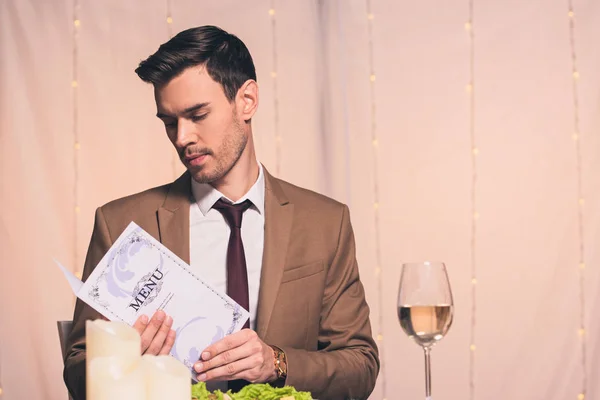 Handsome Elegant Man Reading Menu While Sitting Restaurant — Stock Photo, Image