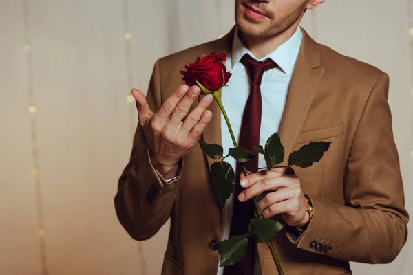 レストランに立ちながら赤いバラを持ったエレガントな男の部分的な眺め — ストック写真