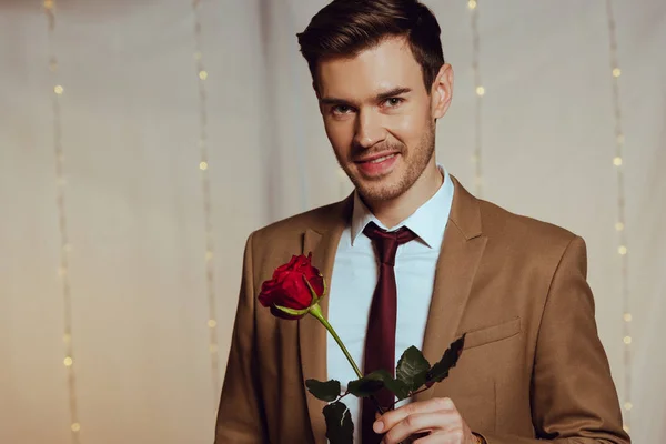 Handsome Elegant Man Holding Red Rose While Smiling Camera Restaurant — Stock Photo, Image