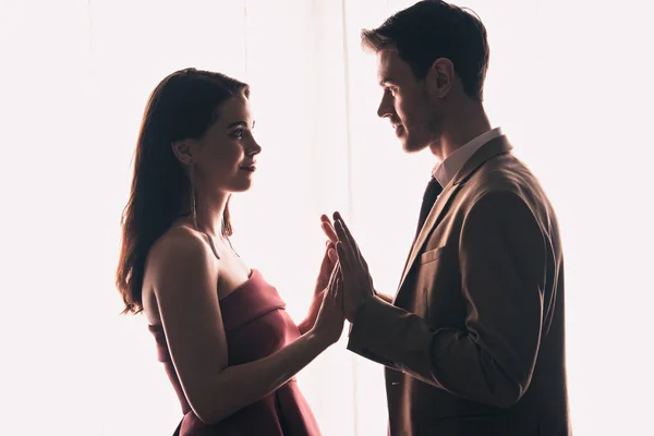 Side View Happy Boyfriend Girlfriend Touching Hands Each Other Valentines — Stock Photo, Image