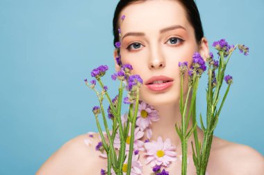 attractive and naked woman near blooming flowers isolated on blue 