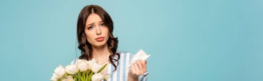 panoramic shot of sick young woman holding bouquet of white tulips and paper napkin isolated on blue clipart