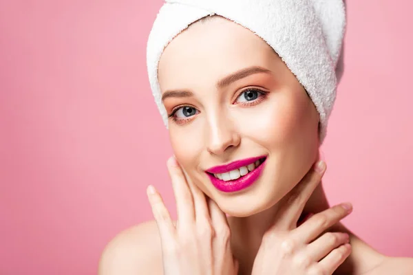 Cheerful Young Woman White Towel Smiling Isolated Pink — Stockfoto