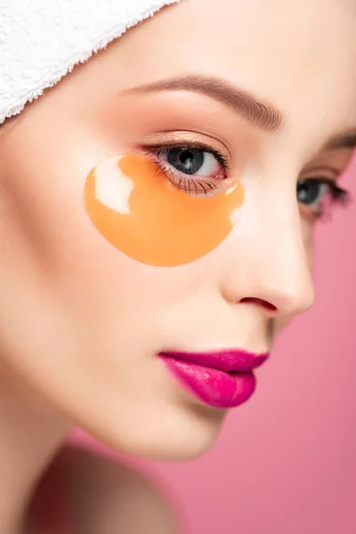 Close Young Woman Eye Patch Isolated Pink — 图库照片