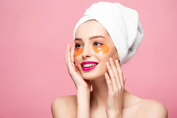 Cheerful Naked Girl Touching Face Eye Patches Isolated Pink — 스톡 사진