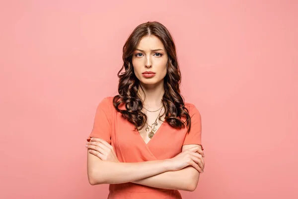 Displeased Young Woman Standing Crossed Arms While Looking Camera Isolated — Stock Photo, Image