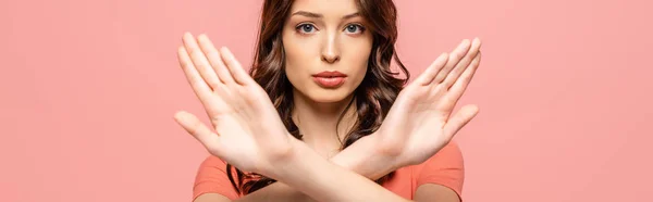 Panoramic Shot Serious Young Woman Showing Stop Gesture While Looking — Stock Photo, Image