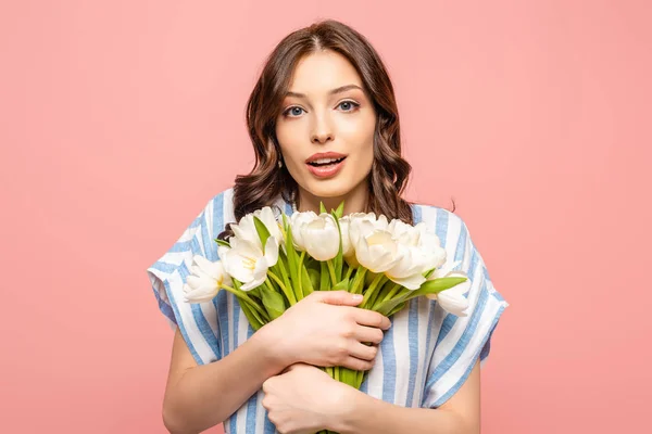 Amused Girl Looking Camera While Holding Bouquet White Tulips Isolated — 스톡 사진