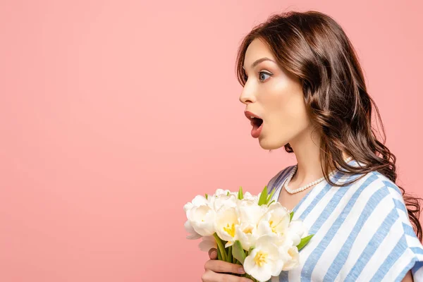 Side View Shocked Girl Holding Bouquet White Tulips While Standing — 스톡 사진