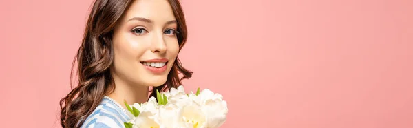 Panoramic Shot Happy Girl Holding Bouquet White Tulips Looking Camera — Stock Photo, Image