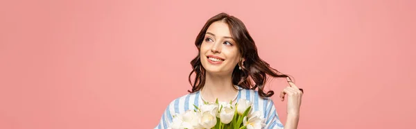 Panoramic Shot Cheerful Girl Touching Hair While Holding Bouquet White — Stock Photo, Image