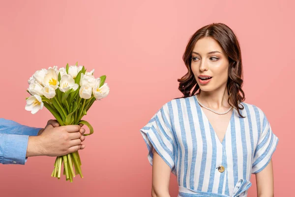 Cropped View Man Presenting Bouquet White Tulips Surprised Girl Isolated — Stock Photo, Image