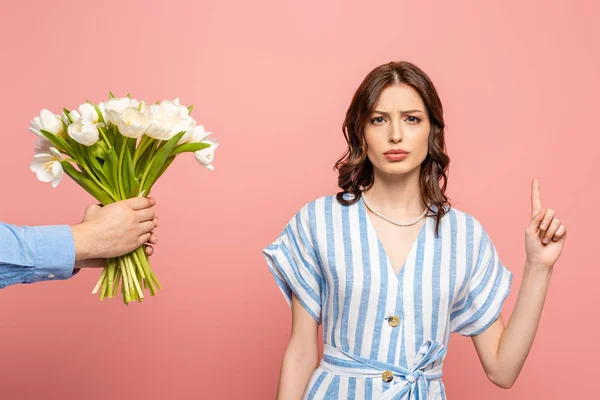 Partial View Man Presenting Bouquet White Tulips Serious Girl Showing — Stock Photo, Image