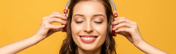 Panoramic Shot Happy Young Woman Listening Music Wireless Headphones Closed — Stock Photo, Image