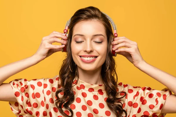 Happy Young Woman Listening Music Wireless Headphones Closed Eyes Isolated — Stock Photo, Image