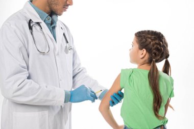 Pediatrician doing vaccine injection to kid isolated on white clipart