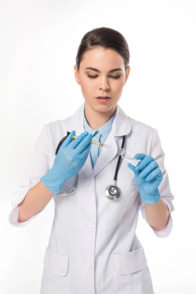 Attractive Doctor Picking Vaccine Syringe Isolated White — Stock Photo, Image