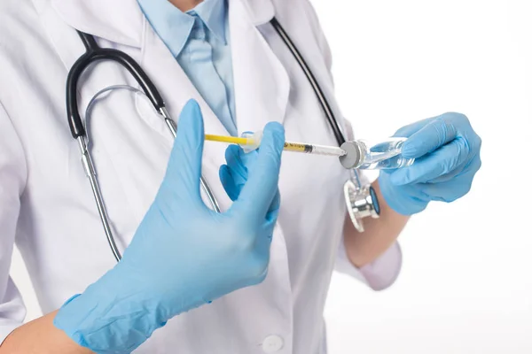 Cropped View Female Doctor White Coat Picking Vaccine Syringe Isolated — 스톡 사진