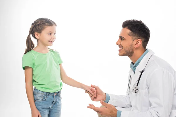 Side View Pediatrician Kid Smiling Each Other Holding Hands Isolated — 스톡 사진