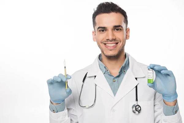 Smiling Doctor Hpv Vaccine Syringe Looking Camera Isolated White — 스톡 사진