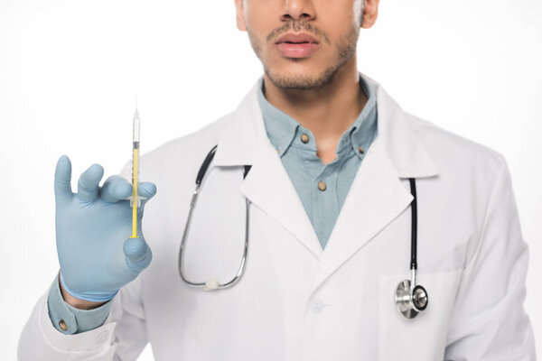 Cropped view of doctor holding syringe with vaccine isolated on white