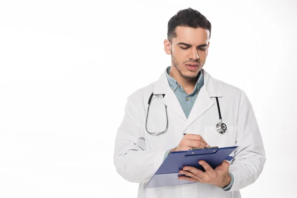 Handsome Doctor Writing Clipboard Isolated White — Stock Photo, Image