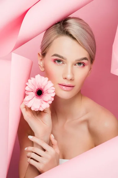 Attractive Naked Girl Pink Flower Makeup Torn Paper Pink — Stock Photo, Image