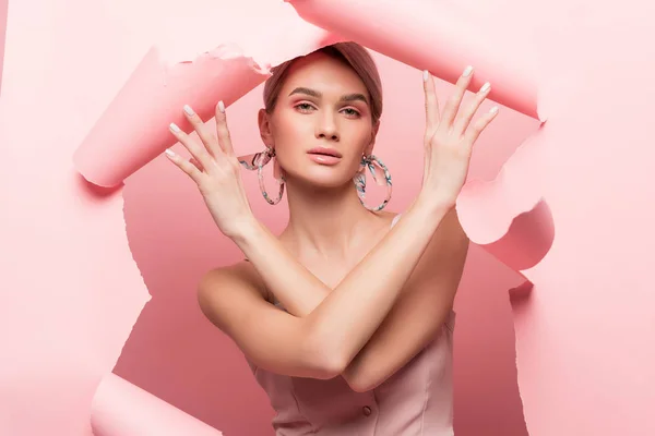Stylish Girl Pink Dress Posing Torn Paper Pink — Stock Photo, Image