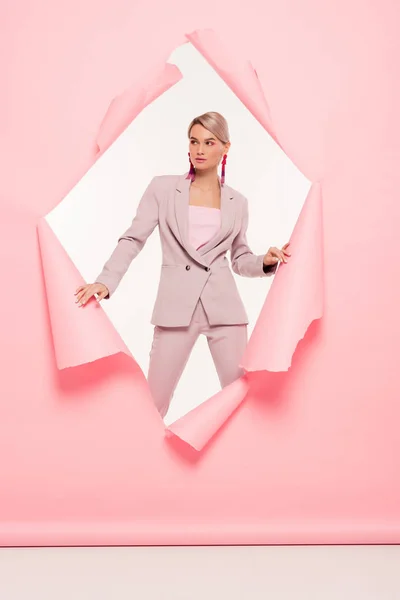 Fashionable Girl Trendy Suit Posing Torn Paper White — Stock Photo, Image