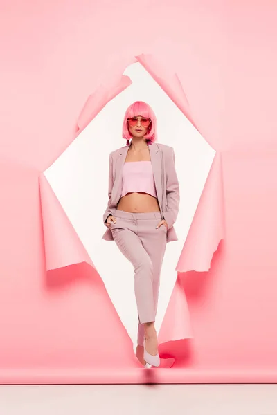 Attractive Fashionable Girl Suit Sunglasses Pink Wig Posing Torn Paper — Stock Photo, Image