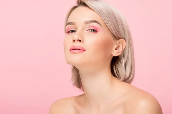 Mooi Sensueel Meisje Met Roze Make Geïsoleerd Roze — Stockfoto