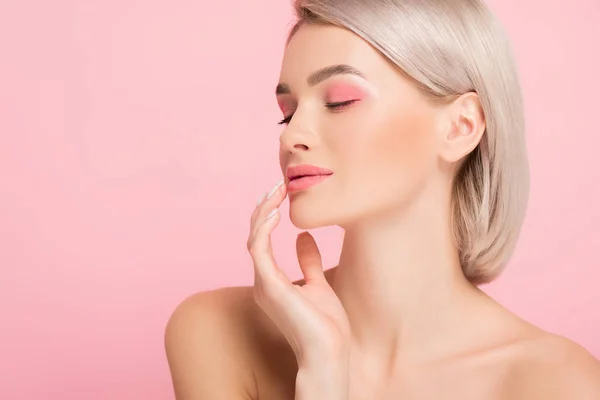 Chica Atractiva Con Maquillaje Rosa Aislado Rosa —  Fotos de Stock