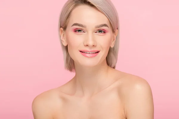 Beautiful Happy Naked Girl Pink Makeup Isolated Pink — 스톡 사진