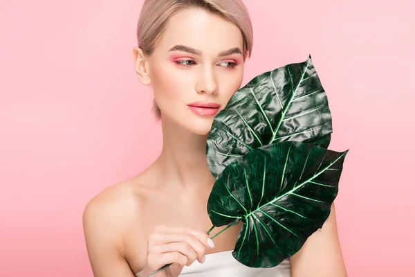 Girl Clean Skin Pink Makeup Isolated Pink Green Leaves — Stock Photo, Image