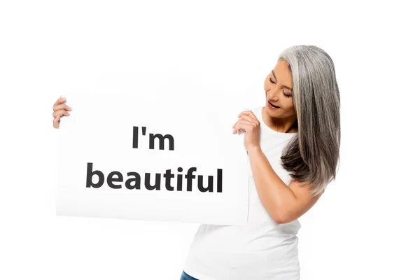 Feliz Asiático Mujer Holding Cartel Con Hermosa Letras Aislado Blanco — Foto de Stock