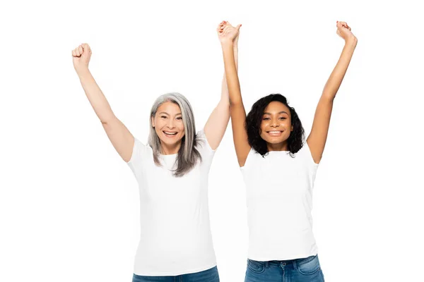 Alegres Mujeres Multiculturales Celebrando Triunfo Aislado Blanco — Foto de Stock