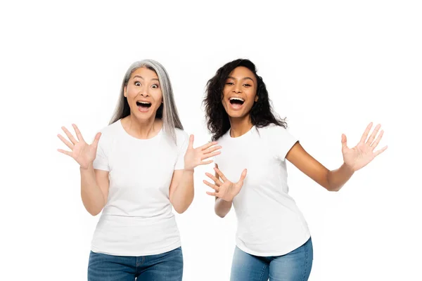 Ενθουσιασμένοι Πολυπολιτισμικές Γυναίκες Gesturing Απομονώνονται Λευκό — Φωτογραφία Αρχείου