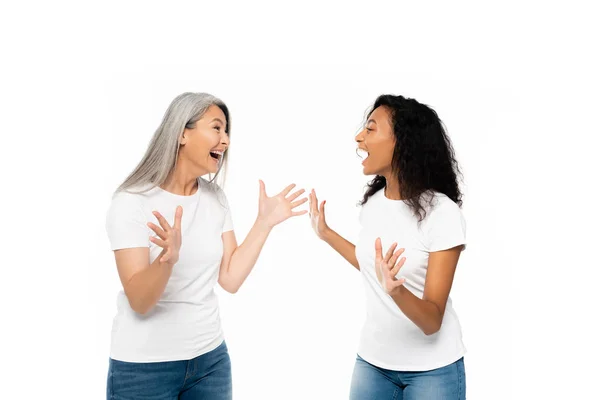 Excited Multicultural Women Gesturing Looking Each Other Isolated White — Stock Photo, Image