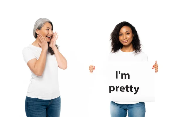 Smiling African American Asian Women Pretty Placard Isolated White — Stock Photo, Image